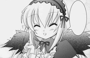 Rating: Safe Score: 0 Tags: 1girl :d ^_^ blush closed_eyes dress greyscale hairband image long_hair long_sleeves monochrome open_mouth smile solo spoken_blush suigintou upper_body wings User: admin