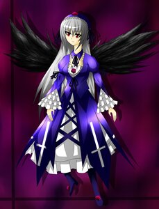 Rating: Safe Score: 0 Tags: 1girl black_wings breasts dress frills full_body hairband image long_hair long_sleeves looking_at_viewer puffy_sleeves purple_background red_eyes rose silver_hair solo suigintou wings User: admin