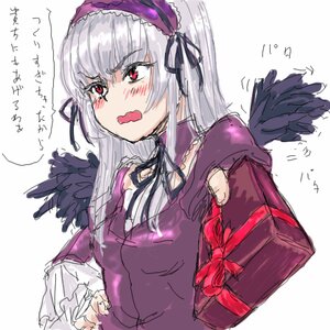 Rating: Safe Score: 0 Tags: 1girl black_wings blush box dress feathered_wings gift gift_box hairband holding_gift image long_hair long_sleeves open_mouth red_eyes ribbon silver_hair simple_background solo suigintou valentine white_background wings User: admin
