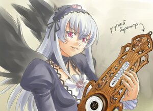 Rating: Safe Score: 0 Tags: 1girl black_wings detached_collar dress flower frilled_sleeves frills hairband long_hair long_sleeves looking_at_viewer pink_eyes puffy_sleeves silver_hair simple_background solo suigintou upper_body wings User: admin