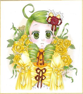 Rating: Safe Score: 0 Tags: 1girl ahoge drill_hair flower green_eyes green_hair hair_ornament image kanaria marker_(medium) red_rose rose shikishi solo traditional_media white_rose yellow_flower yellow_rose User: admin