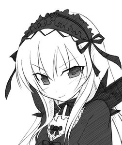 Rating: Safe Score: 0 Tags: 1girl blush bowtie closed_mouth dress frills greyscale hair_ribbon hairband image lolita_fashion lolita_hairband long_hair long_sleeves looking_at_viewer monochrome ribbon simple_background smile solo suigintou upper_body white_background User: admin