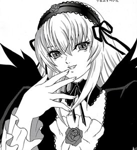 Rating: Safe Score: 0 Tags: 1girl flower frills greyscale hairband image lolita_hairband long_hair long_sleeves looking_at_viewer monochrome rose simple_background smile solo suigintou upper_body wings User: admin