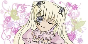 Rating: Safe Score: 0 Tags: 1girl blonde_hair closed_eyes dress flower frills hair_ornament image kirakishou long_hair rose shinku smile solo upper_body User: admin