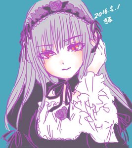 Rating: Safe Score: 0 Tags: 1girl blue_background closed_mouth dress flower frills hairband image long_hair long_sleeves looking_at_viewer pink_eyes rose simple_background solo suigintou User: admin