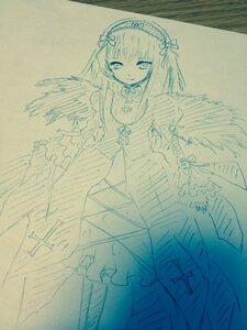 Rating: Safe Score: 0 Tags: 1girl dress feathered_wings feathers frills hairband image lolita_hairband long_hair long_sleeves looking_at_viewer monochrome ribbon sketch solo suigintou traditional_media wings User: admin