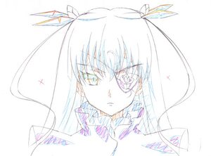 Rating: Safe Score: 0 Tags: 1girl barasuishou eyebrows_visible_through_hair hair_ribbon image long_hair looking_at_viewer ribbon simple_background solo sparkle striped traditional_media white_background yellow_eyes User: admin