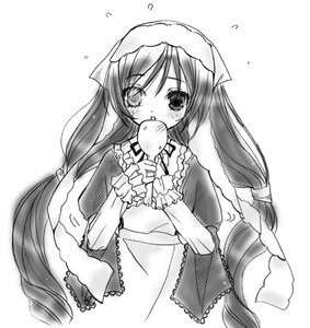 Rating: Safe Score: 0 Tags: 1girl blush dress frills greyscale head_scarf image long_hair long_sleeves looking_at_viewer monochrome simple_background solo suiseiseki very_long_hair white_background User: admin