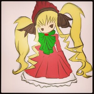 Rating: Safe Score: 0 Tags: 1girl black_border blonde_hair bonnet border bow bowtie dress full_body image long_hair long_sleeves looking_at_viewer red_dress shinku simple_background solo User: admin