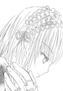 Rating: Safe Score: 0 Tags: 1girl bangs eyebrows_visible_through_hair hair_ornament hair_ribbon image jewelry long_hair monochrome profile ribbon ring simple_background solo suigintou white_background User: admin