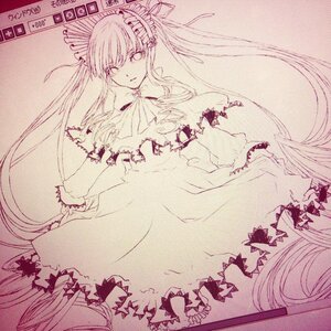 Rating: Safe Score: 0 Tags: 1girl dress frills image lineart long_hair monochrome shinku solo twintails very_long_hair User: admin