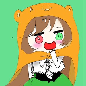 Rating: Safe Score: 0 Tags: 1girl :d blush brown_hair fang green_background hood image open_mouth red_eyes simple_background smile solo suiseiseki User: admin
