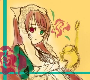 Rating: Safe Score: 0 Tags: 1girl green_eyes heterochromia image long_hair long_sleeves looking_at_viewer red_eyes simple_background sketch solo suiseiseki upper_body yellow_background User: admin