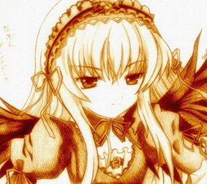 Rating: Safe Score: 0 Tags: 1girl closed_mouth detached_collar dress flower frills hairband image long_hair long_sleeves looking_at_viewer ribbon rose simple_background solo suigintou traditional_media upper_body white_background User: admin