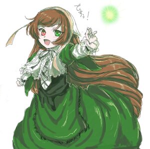 Rating: Safe Score: 0 Tags: 1girl :d brown_hair dress frills green_dress green_eyes heterochromia image long_hair long_sleeves looking_at_viewer open_mouth red_eyes simple_background smile solo suiseiseki very_long_hair white_background User: admin