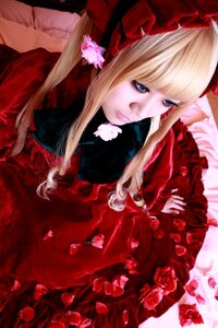 Rating: Safe Score: 0 Tags: 1girl bangs blonde_hair blue_eyes bow dress flower lips long_hair long_sleeves petals red_dress red_flower red_rose rose rose_petals shinku solo User: admin