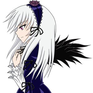 Rating: Safe Score: 3 Tags: 1girl black_ribbon black_wings dress flower frilled_sleeves frills hairband image long_hair long_sleeves profile ribbon rose silver_hair simple_background solo suigintou upper_body white_background wings User: admin