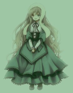 Rating: Safe Score: 0 Tags: 1girl capelet dress frills full_body fur_trim green_background green_dress green_eyes green_theme image long_hair long_sleeves looking_at_viewer neck_ribbon ribbon simple_background smile solo standing suiseiseki very_long_hair User: admin
