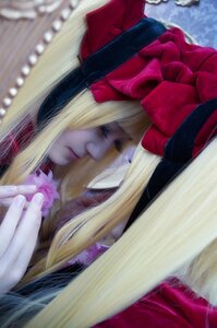 Rating: Safe Score: 0 Tags: 1girl blonde_hair blurry blurry_background blurry_foreground bow closed_mouth depth_of_field dress hair_bow hat lips long_hair photo shinku smile solo User: admin