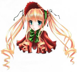 Rating: Safe Score: 0 Tags: 1girl blonde_hair blush bonnet bow bowtie dress drill_hair green_bow green_neckwear image long_hair long_sleeves looking_at_viewer shinku simple_background solo twin_drills twintails white_background User: admin