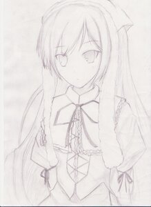 Rating: Safe Score: 0 Tags: 1girl closed_mouth dress eyebrows_visible_through_hair image long_hair long_sleeves looking_at_viewer monochrome ribbon simple_background sketch solo suiseiseki traditional_media upper_body User: admin