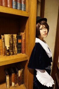 Rating: Safe Score: 0 Tags: 1girl apron bookshelf brown_hair dress hat indoors lips looking_at_viewer solo souseiseki User: admin