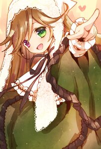 Rating: Safe Score: 0 Tags: 1girl :d brown_hair dress frills green_eyes heterochromia image long_hair long_sleeves looking_at_viewer open_mouth ribbon smile solo suiseiseki User: admin