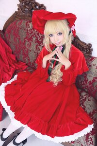 Rating: Safe Score: 0 Tags: 1girl blonde_hair blue_eyes bonnet chair dress lace long_hair long_sleeves looking_at_viewer pantyhose red_dress shinku shoes sitting smile solo striped white_legwear User: admin