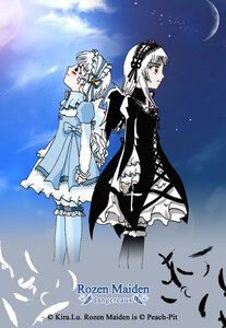 Rating: Safe Score: 0 Tags: 2girls back-to-back blush crescent_moon dress feathers frills hairband image long_sleeves moon multiple_girls red_eyes sky solo suigintou wings User: admin