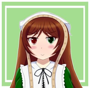 Rating: Safe Score: 0 Tags: 1girl black_ribbon blush brown_hair closed_mouth dress frills green_background green_eyes head_scarf heterochromia image long_hair looking_at_viewer red_eyes ribbon simple_background smile solo suiseiseki upper_body User: admin
