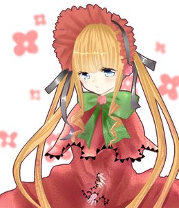 Rating: Safe Score: 0 Tags: 1girl blonde_hair blue_eyes blurry blurry_background blush bonnet bow bowtie depth_of_field dress flower image long_hair long_sleeves looking_at_viewer photo shinku simple_background solo twintails white_background User: admin