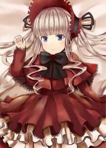 Rating: Safe Score: 0 Tags: 1girl blonde_hair blue_eyes blush bow bowtie capelet dress hat image lace long_hair long_sleeves looking_at_viewer lying on_back red_dress shinku solo User: admin