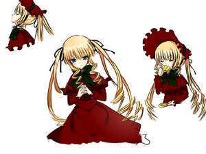 Rating: Safe Score: 0 Tags: 1girl blonde_hair blue_eyes blush bonnet bow bowtie closed_eyes cup dress eating food image long_hair long_sleeves looking_at_viewer multiple_views red_dress shinku solo teacup twintails white_background User: admin