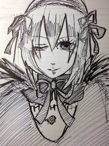 Rating: Safe Score: 0 Tags: 1girl greyscale hair_ribbon hairband image long_hair looking_at_viewer monochrome ribbon sketch solo suigintou traditional_media User: admin