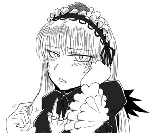 Rating: Safe Score: 0 Tags: 1girl blush dress frills greyscale hairband image long_hair long_sleeves monochrome ribbon simple_background solo suigintou upper_body white_background User: admin