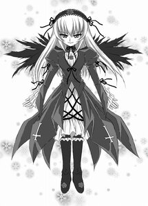 Rating: Safe Score: 0 Tags: 1girl black_wings blush boots dress frills full_body greyscale hairband image long_hair long_sleeves looking_at_viewer monochrome ribbon solo standing suigintou wings User: admin