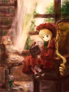 Rating: Safe Score: 0 Tags: 1girl blonde_hair bonnet book bow chair cup curtains dress drill_hair green_eyes image long_hair long_sleeves red_dress saucer shinku sitting solo table tea teacup very_long_hair window User: admin