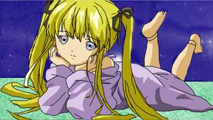 Rating: Safe Score: 0 Tags: 1girl barefoot blonde_hair blue_eyes chin_rest feet hair_ribbon image legs_up long_hair lying night night_sky on_stomach ribbon shinku sky smile solo star_(sky) starry_sky twintails User: admin