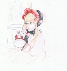 Rating: Safe Score: 0 Tags: 1girl bangs blonde_hair bow cup dress flower green_eyes image long_hair shinku sidelocks solo teacup traditional_media User: admin