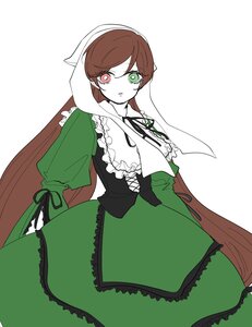 Rating: Safe Score: 0 Tags: 1girl brown_hair dress frills green_dress green_eyes heterochromia image long_hair long_sleeves looking_at_viewer red_eyes ribbon simple_background solo suiseiseki very_long_hair white_background User: admin