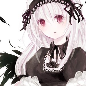 Rating: Safe Score: 0 Tags: 1girl bangs black_dress black_feathers black_ribbon black_wings closed_mouth detached_collar dress eyebrows_visible_through_hair feathered_wings feathers flower hairband image long_hair looking_at_viewer puffy_sleeves red_eyes ribbon rose signature solo suigintou upper_body white_background white_flower white_hair wings User: admin