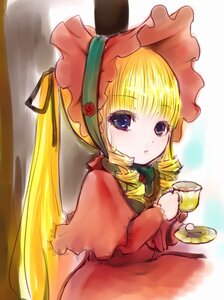 Rating: Safe Score: 0 Tags: 1girl bangs blonde_hair blue_eyes bonnet bow capelet cup dress drill_hair flower food image long_hair long_sleeves looking_at_viewer red_dress rose shinku sitting solo tea teacup twintails User: admin
