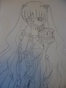 Rating: Safe Score: 0 Tags: 1girl bow covering_mouth dress flower frills greyscale image kirakishou lineart long_hair long_sleeves looking_at_viewer monochrome rose solo traditional_media twintails very_long_hair User: admin