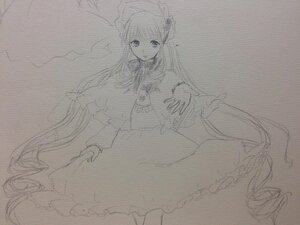 Rating: Safe Score: 0 Tags: 1girl dress frills graphite_(medium) greyscale image long_hair long_sleeves looking_at_viewer monochrome shinku sketch solo traditional_media very_long_hair User: admin