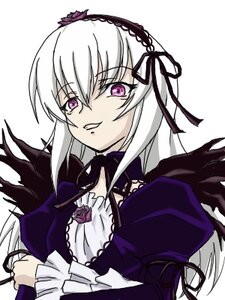 Rating: Safe Score: 0 Tags: 1girl black_wings dress flower frills hairband image long_hair long_sleeves looking_at_viewer pink_eyes puffy_sleeves silver_hair simple_background solo suigintou upper_body white_background wings User: admin