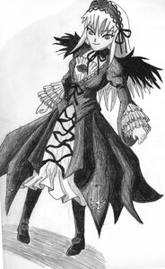 Rating: Safe Score: 0 Tags: 1girl dress frilled_sleeves frills full_body greyscale hairband image long_hair long_sleeves looking_at_viewer monochrome ribbon solo standing suigintou traditional_media wings User: admin