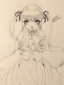 Rating: Safe Score: 0 Tags: 1girl blush dated dress flower hair_ribbon image long_hair long_sleeves looking_at_viewer monochrome ribbon rose shinku solo traditional_media twintails very_long_hair User: admin