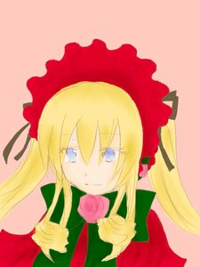 Rating: Safe Score: 0 Tags: 1girl blonde_hair blue_eyes bonnet bow bowtie flower green_bow image long_hair looking_at_viewer pink_background pink_flower pink_rose rose shinku simple_background smile solo twintails User: admin
