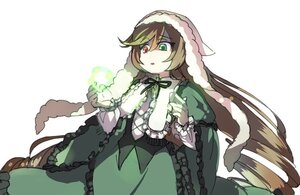 Rating: Safe Score: 0 Tags: 1girl black_ribbon brown_hair dress frills green_dress green_eyes heterochromia image long_hair long_sleeves looking_at_viewer red_eyes simple_background solo suiseiseki very_long_hair white_background User: admin