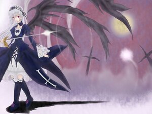 Rating: Safe Score: 0 Tags: 1girl auto_tagged black_wings boots cross dress frills hairband image long_hair long_sleeves moon red_eyes rose silver_hair solo suigintou weapon wings User: admin